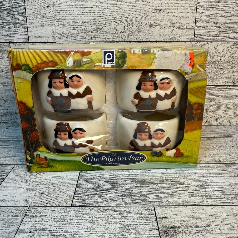 Publix The‎ Pilgrim Pair Thanksgiving Napkin Rings Holders Set of 4. Mint Cond.